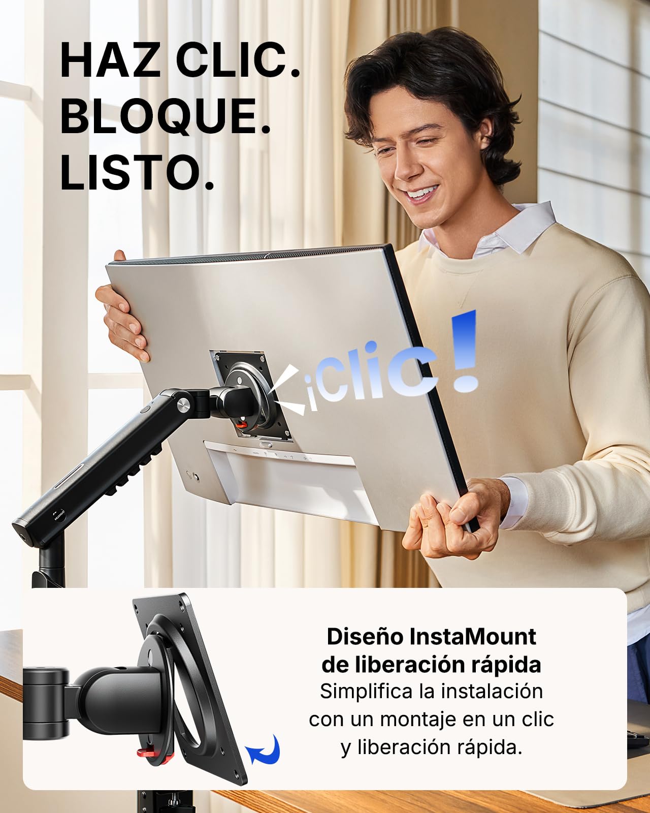 HUANUO Soporte Monitor para Pantallas de 13 a 32", Brazo Monitor MechaSpring con Inclinación/Giro/Rotación, FlowLift Pro Montaje VESA sin Herramientas, Montaje por Mordaza-C u Ojal, Carga Máx. 9 KG