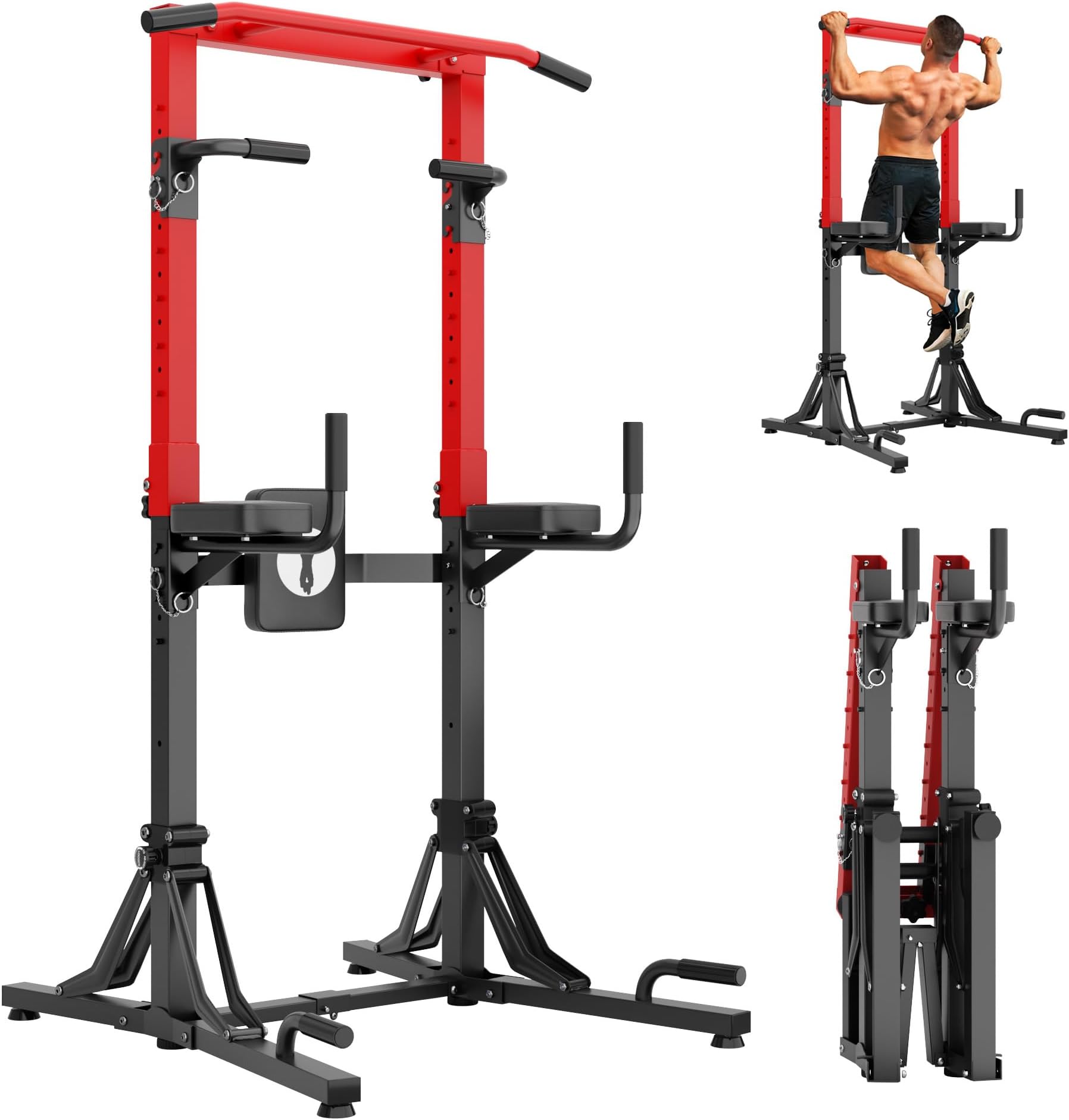 TimberVibe Foldable Power Tower Pull Up Bar Station for Home Gym, 330 LBS Heavy Duty Adjustable Height Pull Up & Dip Station, Multi-Function Strength Training Equipment (Black & Red)