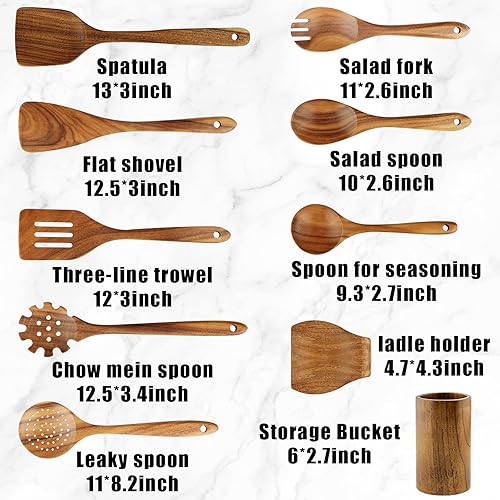Miniatura 2 de FJNATINH Cucharas de madera para cocinar, juego de utensilios de cocina de madera de teca de 10 piezas con soporte