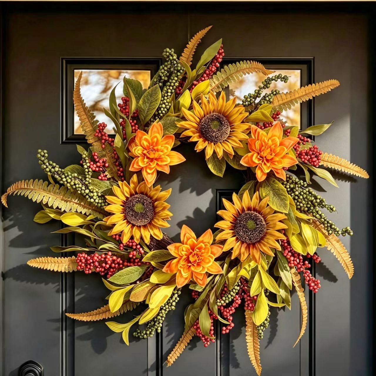 24 Inch Fall Flowers Wreath for Front Door | with Dahlias, Sunflowers, Berries & Autumn Foliage – Indoor Outdoor Rustic Farmhouse Home Decor