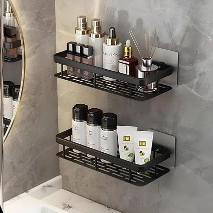 Claiez Aluminium Self-Adhesive Multipurpose Wall Mounted Bathroom Shelf and Rack Space Saving Bathroom Organizer Shelf, Punch Free Wall Shelves, Wall Stand (Pack of 2, Black Shelf)