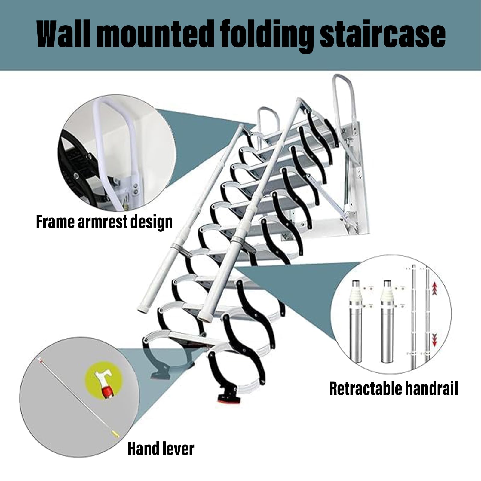 Dachbodentreppe, 9 Stufen Extra-Breite Stahl wandmontierte Versenkbare Treppe, Dachbodenleiter Ausziehbar, Dachtreppe, mit 2 Handläufen, Tragkraft 300 kg, rutschfesten Stufen