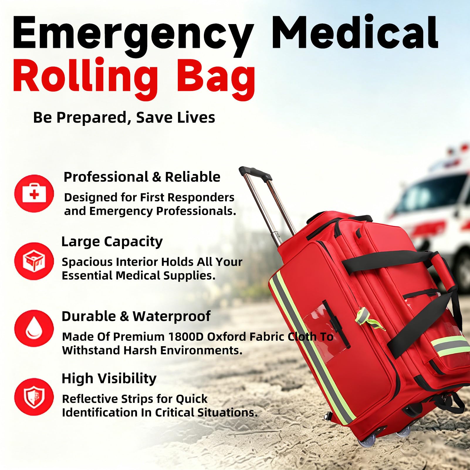 Mochila médica de Emergencia con Ruedas, Bolsa de Trauma de Gran Capacidad para Personal de Respuesta, con Elementos Reflectantes, para Instrumentos, Dispositivos y Accesorios médicos. Red
