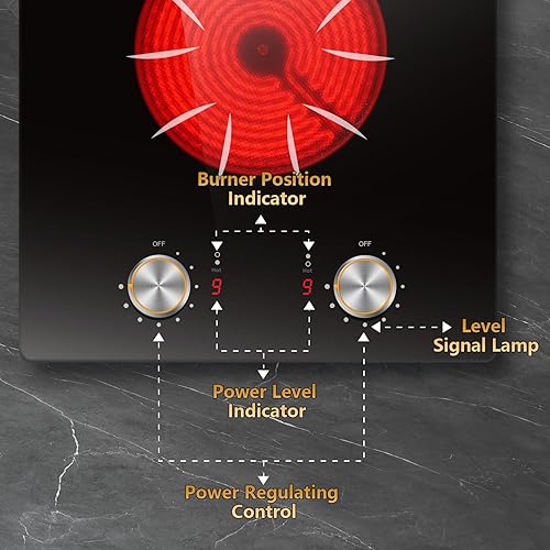Miniatura 5 de Estufa eléctrica de 2 quemadores, estufa eléctrica de 12 pulgadas integrada y encimera, 110 V con dos quemadores con control de perilla, 9 niveles