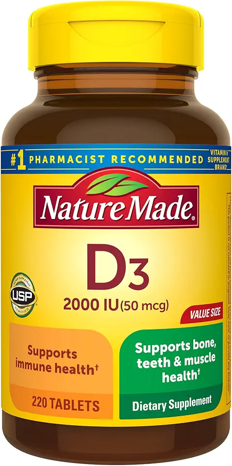 Nature Made Vitamin D3 2000 IU (50 mcg), Vitamin D Supplement for Bone, Teeth, Muscle and Immune Health Support, 220 Tablets, 220 Day Supply