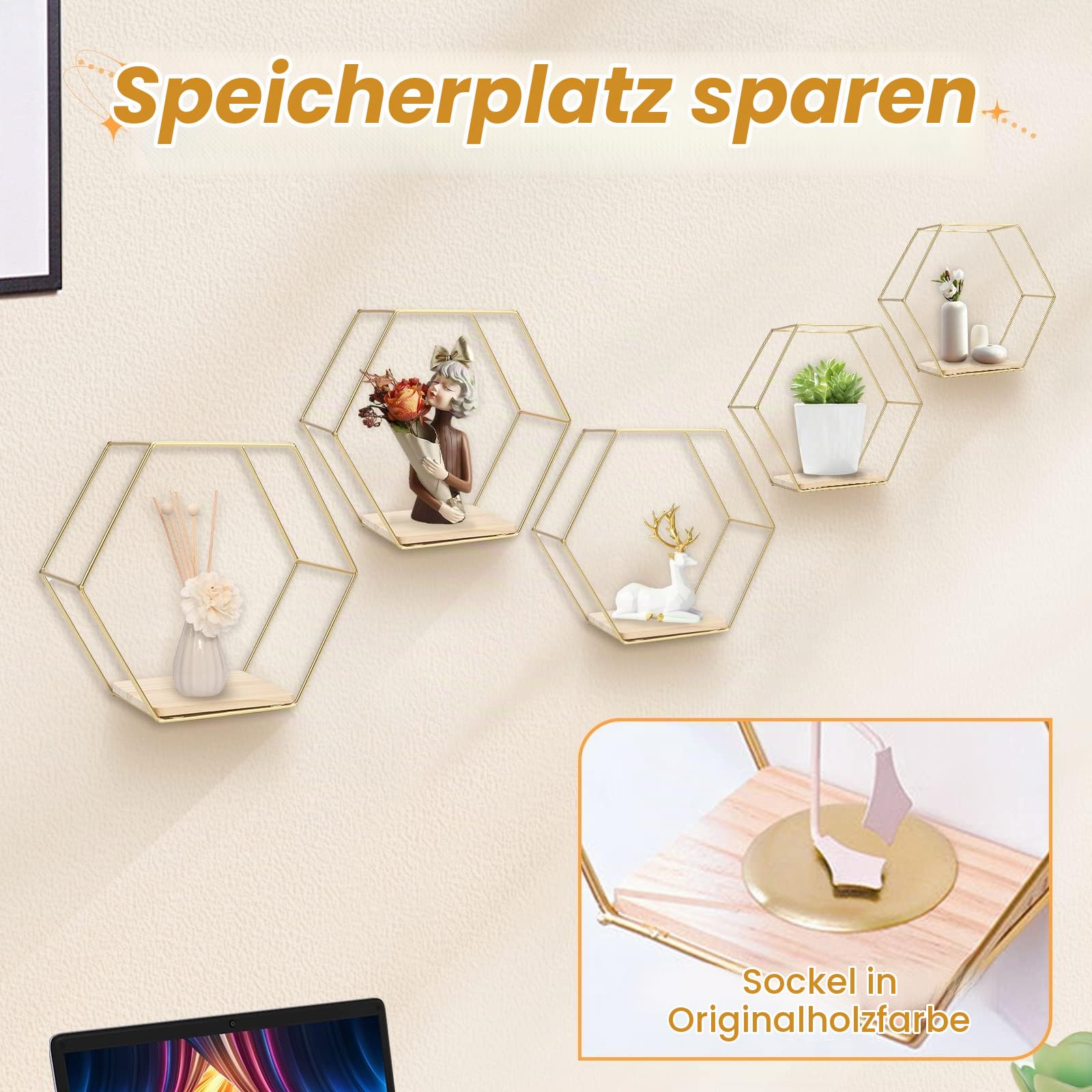 panthem Hexagon Wandregal Metall 5er Set, Gold Deko Hängeregal Loft Wandregale, Wand Regal für Wanddeko in Wohnzimmer, Schlafzimmer, Bad, Café und Hotel
