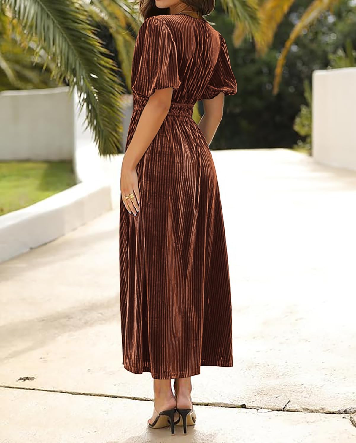 R.Vivimos Women's Fall Winter Velvet Dress Puff Sleeve Sexy Deep V Neck Elastic High Waist A-Line Elegant Casual Midi Dress - Image 3