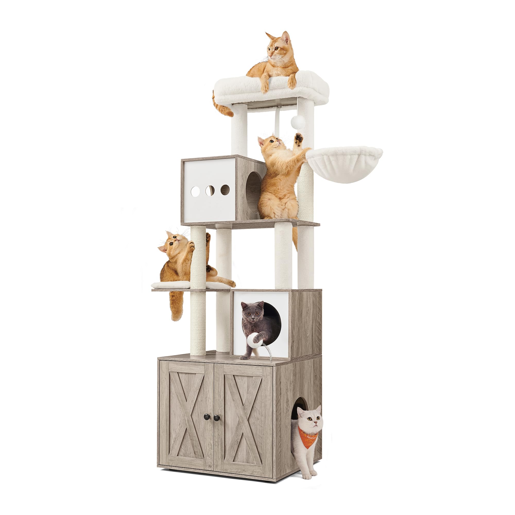 Feandrea Cat Tree with Litter Box Enclosure, 70.1-Inch Tall Cat Tower, 2-in-1 Modern Condo with Scratching Posts, Perch, Caves, Basket, Washable Cushion, Heather Greige UPCT116G01