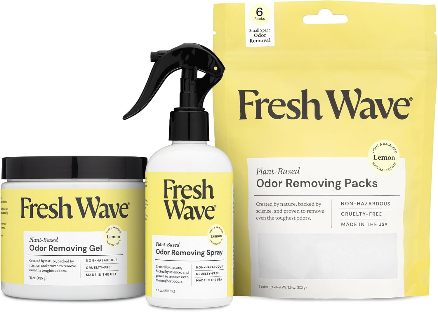Fresh Wave Odor Removing Lemon Variety Bundle: (1) 8 fl.oz. Spray, (1) 6ct Packs, (1) 15 oz. Gel