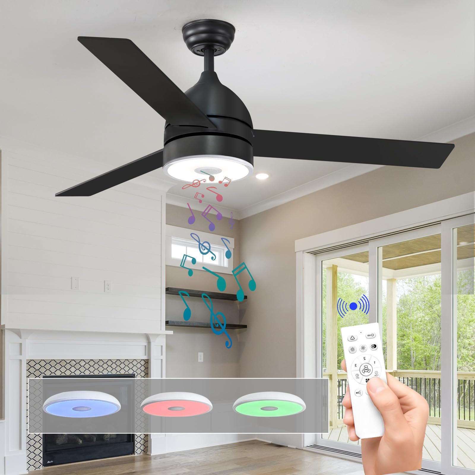 ASALL Black 52 Inch Smart Ceiling Fan With RGB Dimming LED Light,With Bluetooth Speaker,With Music Remote Control,3-Speed Regulation, Reversible Motor,Timing,For Living room,Bedroom,Restaurant,Outdoor
