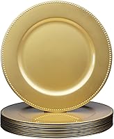 Vista 1 de Juego de 12 platos de carga dorados con cuentas. Cargadores de mesa de plástico reutilizables de 13 pulgadas para platos llanos