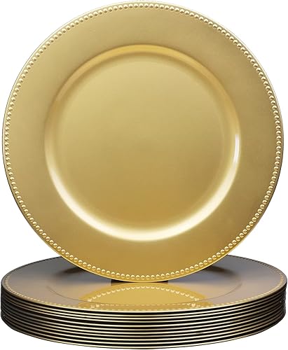 Juego de 12 platos de carga dorados con cuentas. Cargadores de mesa de plástico reutilizables de 13 pulgadas para platos llanos