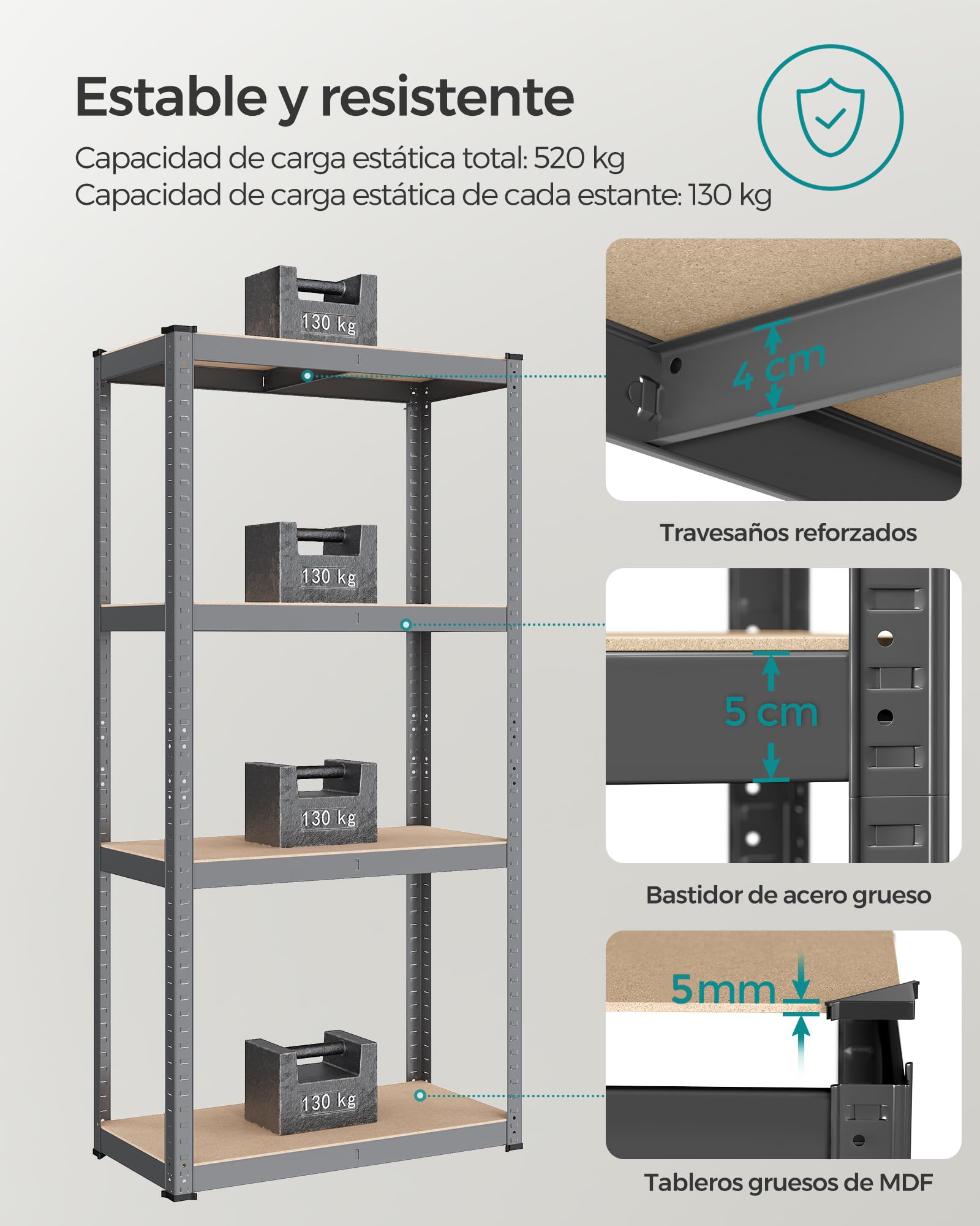 SONGMICS Juego de 2, Estantería Pesada de 4 Niveles, Estantería de Acero, Montaje Rápido, Garaje, Almacén, Trastero, Carga de 520 kg, 40 x 80 x 160 cm, Gris y Natural GLR044G02
