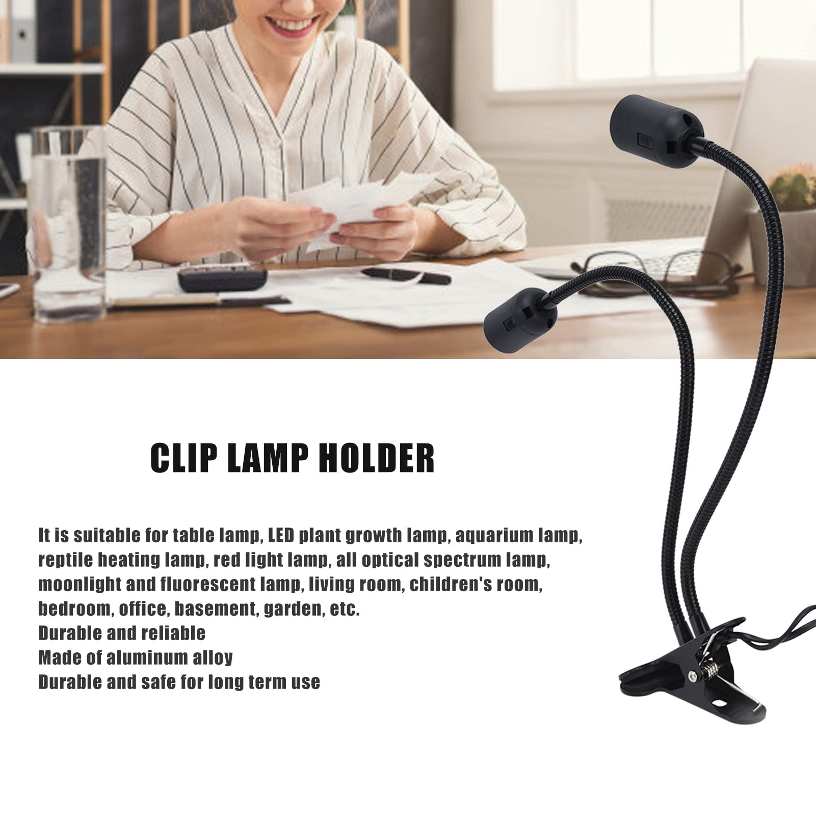 Double Head Clip Lamp Holder – Flexible Gooseneck, E26/E27 Bulbs, Black, US Plug, Adjustable 20" Long Hose For Desk, Plant, Or Aquarium Lighting