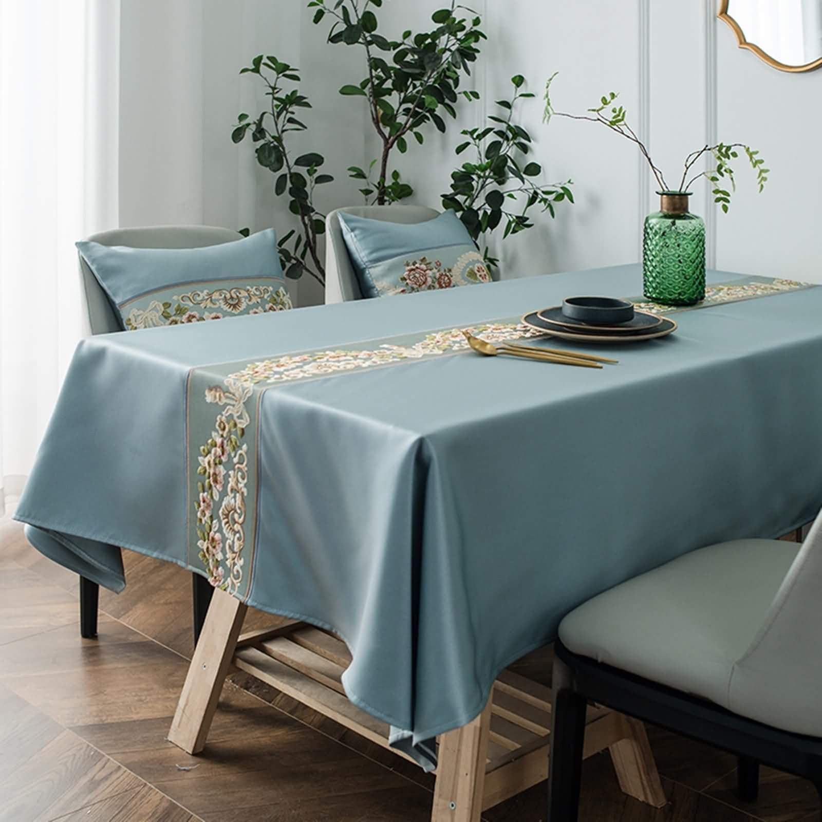 Mantel Mesa Rectángulo 140 W x 240 L CM,Mantel Mesa Jardín Azul Bordado de Flores Poliéster Manteles Mesa Exterior