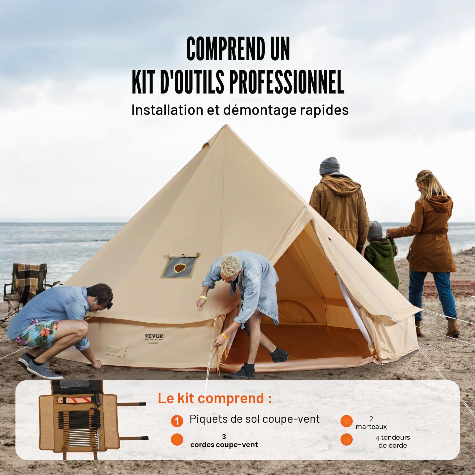 VEVOR Tente Cloche en Toile Tente de Yourte 4 Saisons Tente de Camping Familial avec Trou de Poêle à Bois, Sacs de Rangement pour Glamping, Groupes en Plein Air, Fête, Chasse