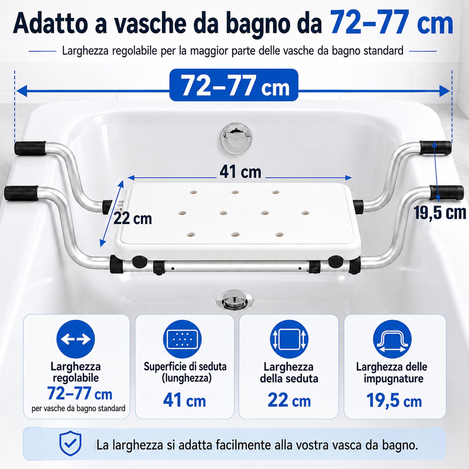 Sgabello da Doccia 3 in 1,OJTOJT Sedile per Vasca da Bagno Allungabile Sedia per Vasca da Bagno 72-82cm Sedia da Doccia Portata 130 kg Sedile Sospeso in Alluminio Seduta Vasca per Anziani