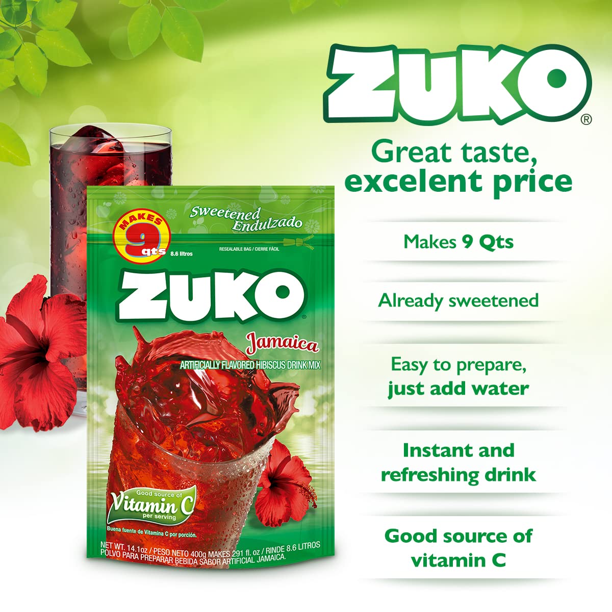 Zuko Jamaica Instant Powder Drink Family Pack, 14.1 oz, Pack of 6
