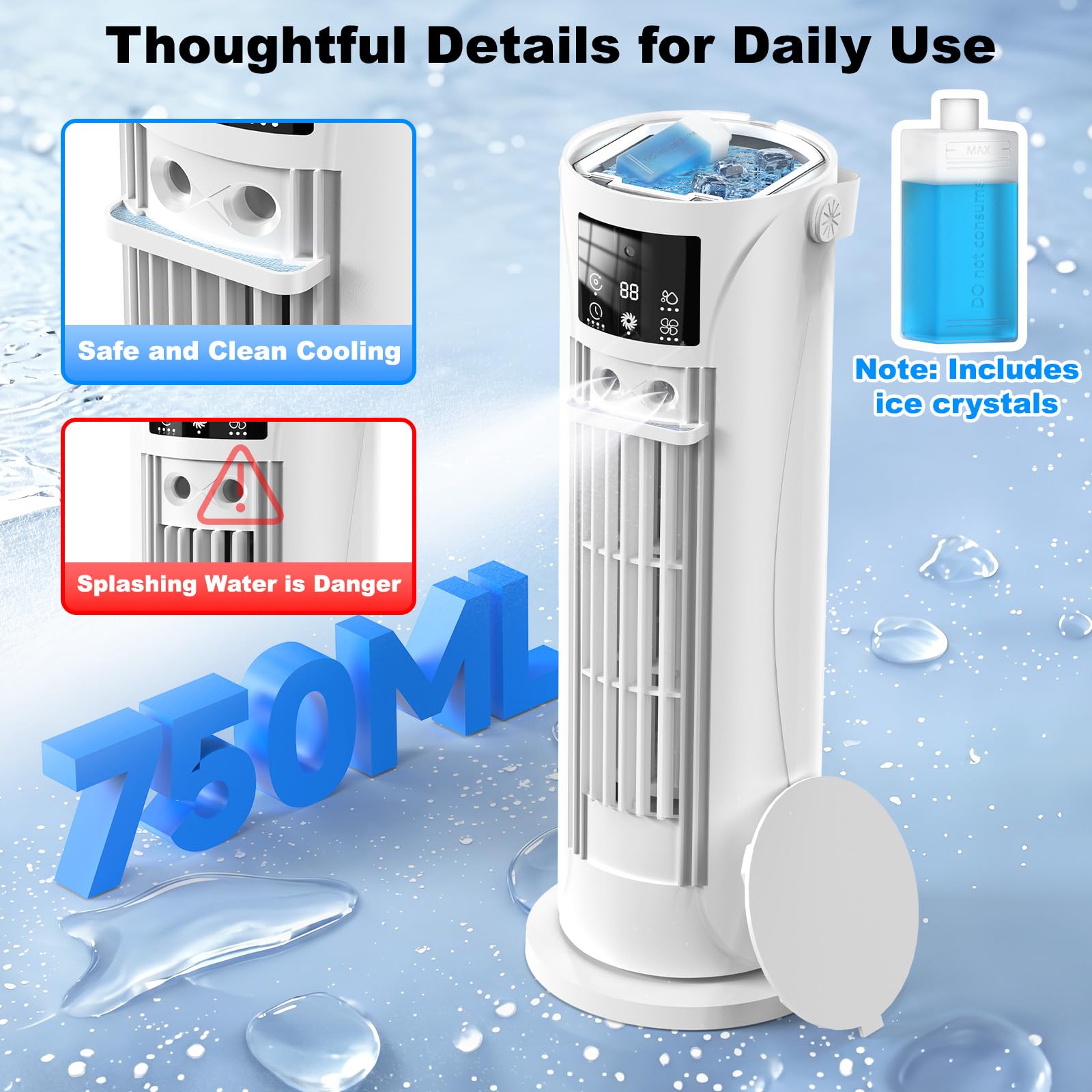 Climatiseur Mobile Silencieux 28dB, Rafraîchisseur d’Air Mode Tempête, Oscillation 120°, 4 Vitesses Vent Naturel 3D Sommeil, 2 Brumisations, Minuterie 8H pour Chambre Bureau（Blanc ）