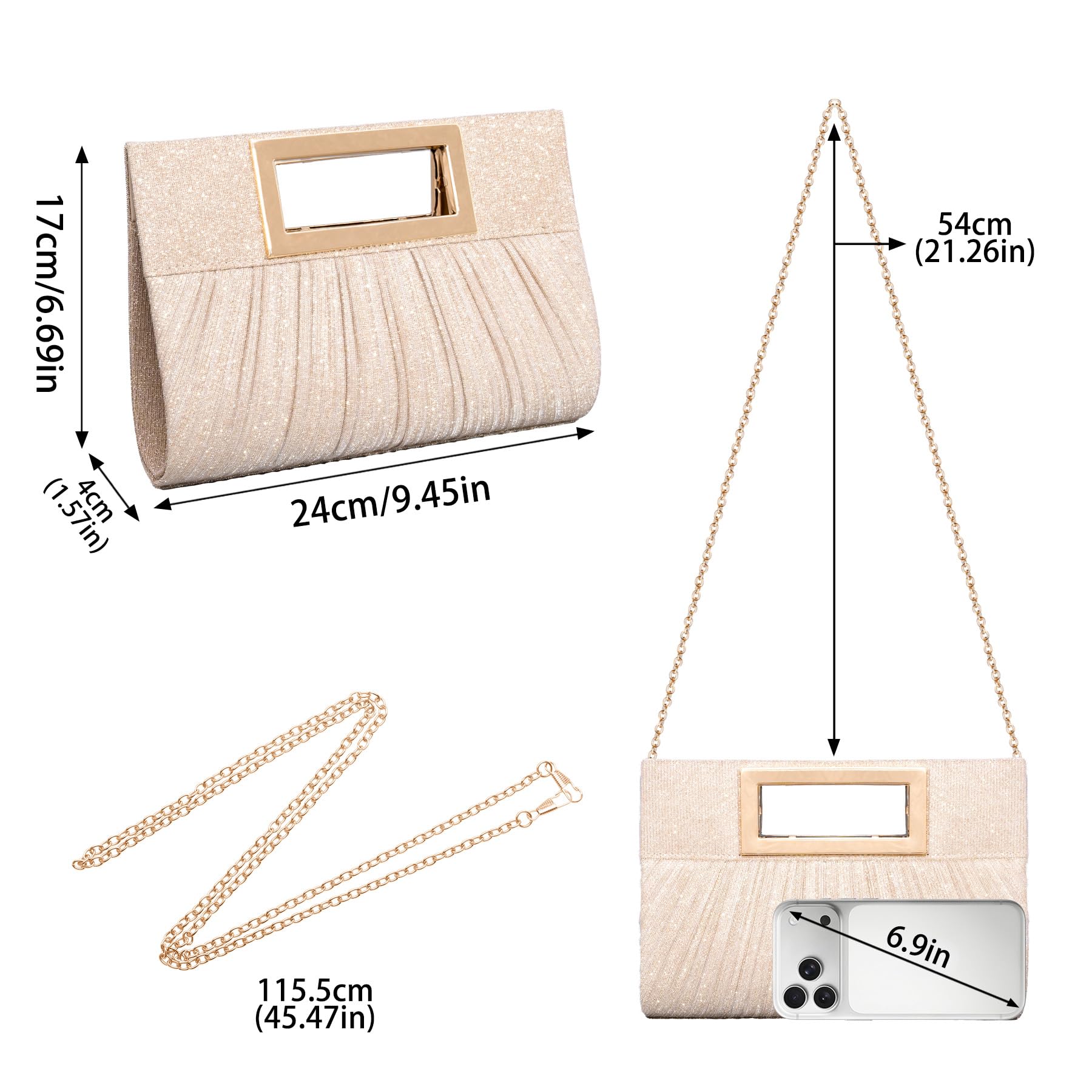 Larcenciel Bolso Clutch Mujer Champán, Bolsos de Fiesta de Plisado con Asa Superior y Cadena, Mujer Bandolera de Moda con Lentejuelas, Cartera de Mano Elegantes para Fiesta Boda Ceremonia, 24x4x17CM
