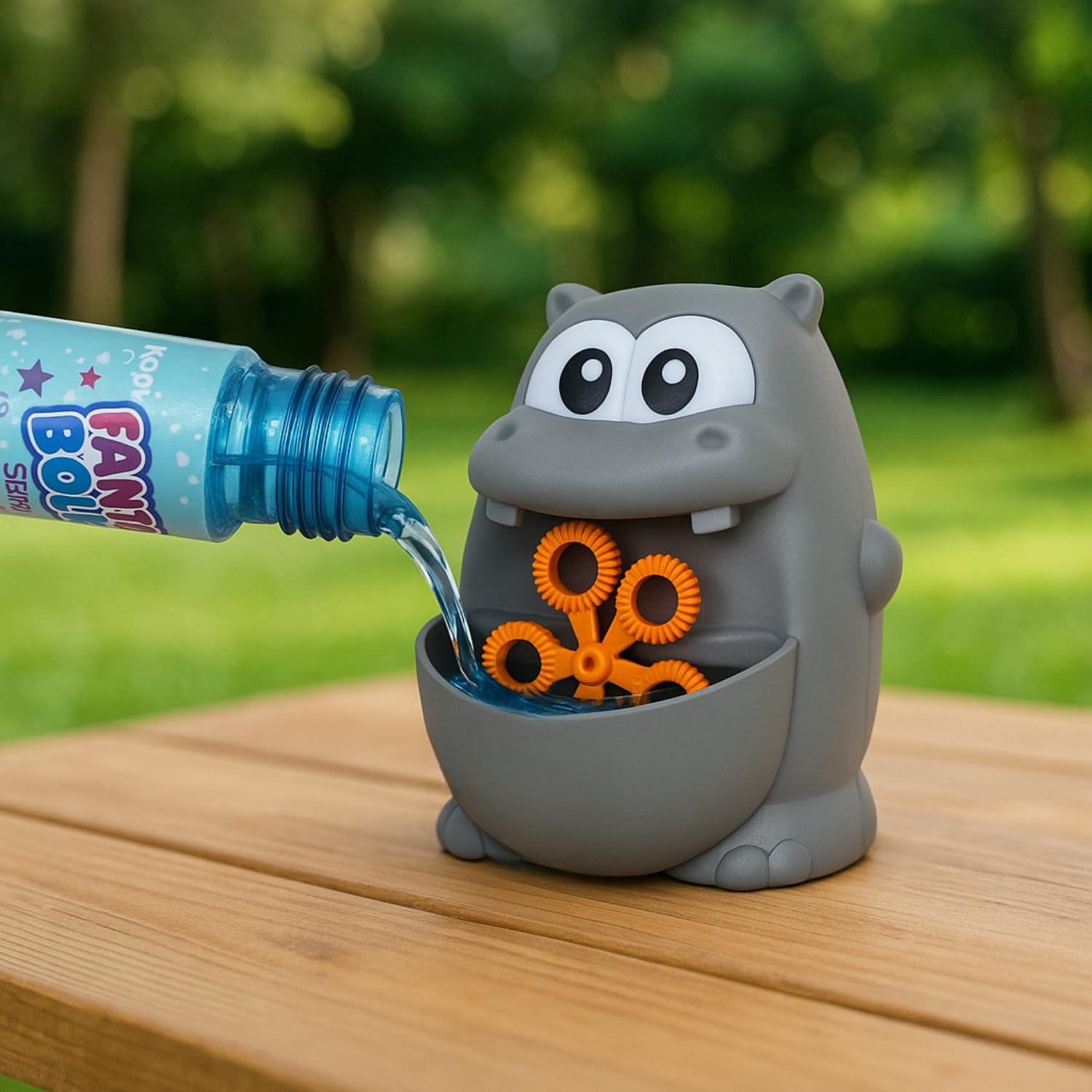 BEPER Máquina de Burbujas para Niños – Forma de Animal (Hipopótamo o Rana) – Funcionamiento Continuo – 56 ml de Líquido Incluido, Pilas No Incluidas