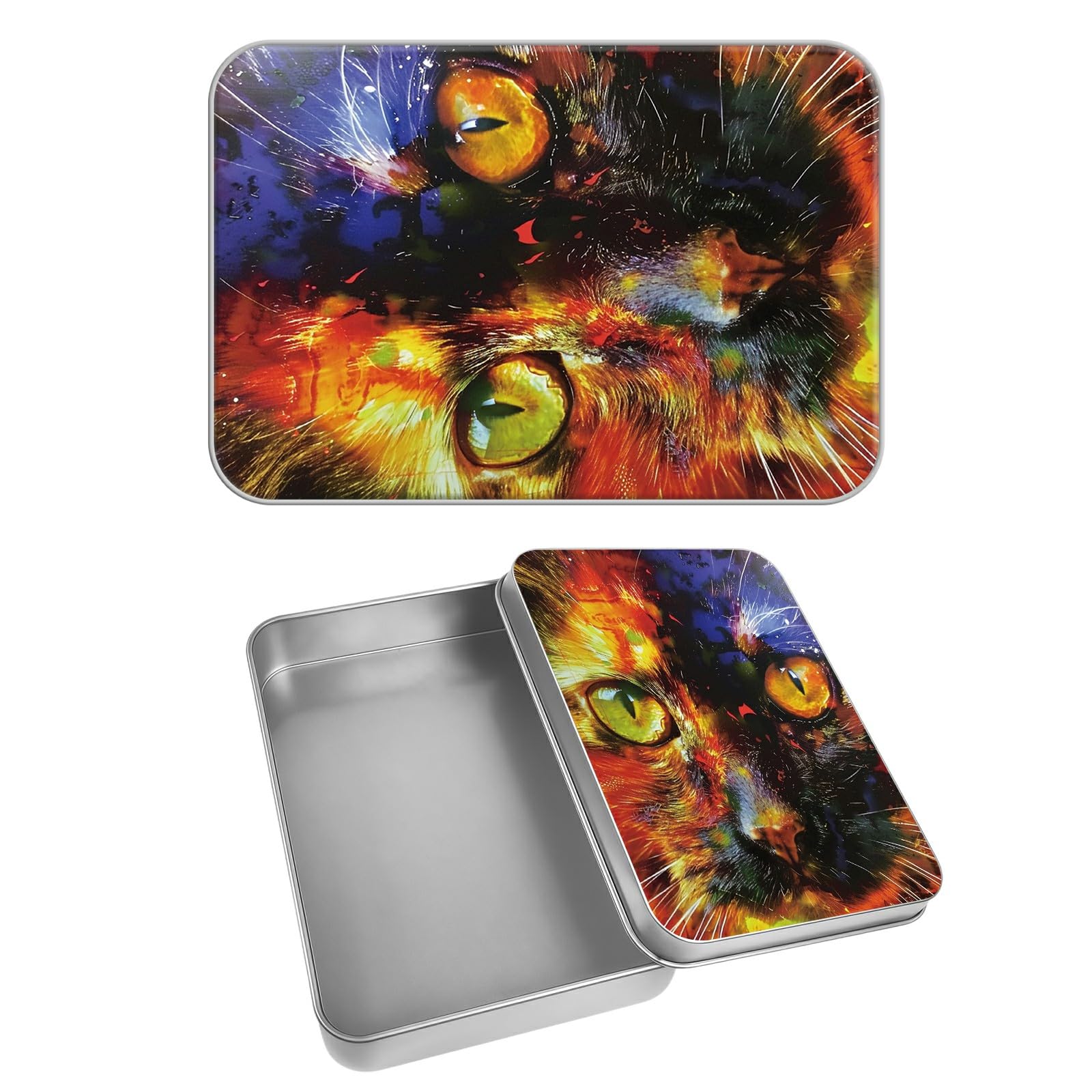 Rectangular Metal Tin Box with Removable Lid, Watercolor Cat Decorative Printed Metal Storage Container for Cash Ticket Credit Card Check 3.46 x 2.36 x 0.7 inch– Single Pack