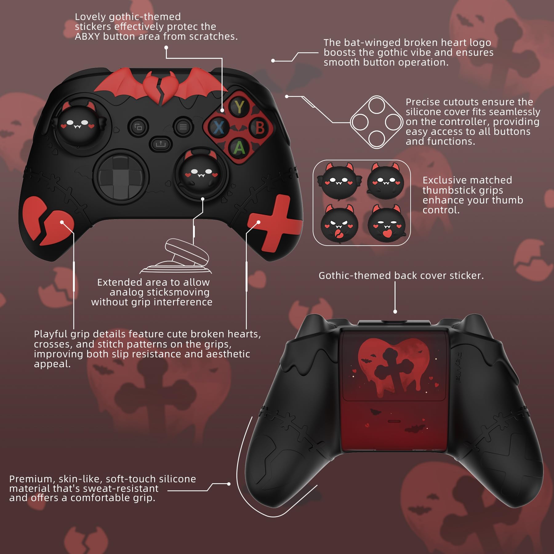 playvital Cover Controller per Xbox Series X/S Joystick,Custodia Skin Silicone Protettiva Antiscivolo&4 Copri Levette Analogiche-Serie Imp Gotico-Nero