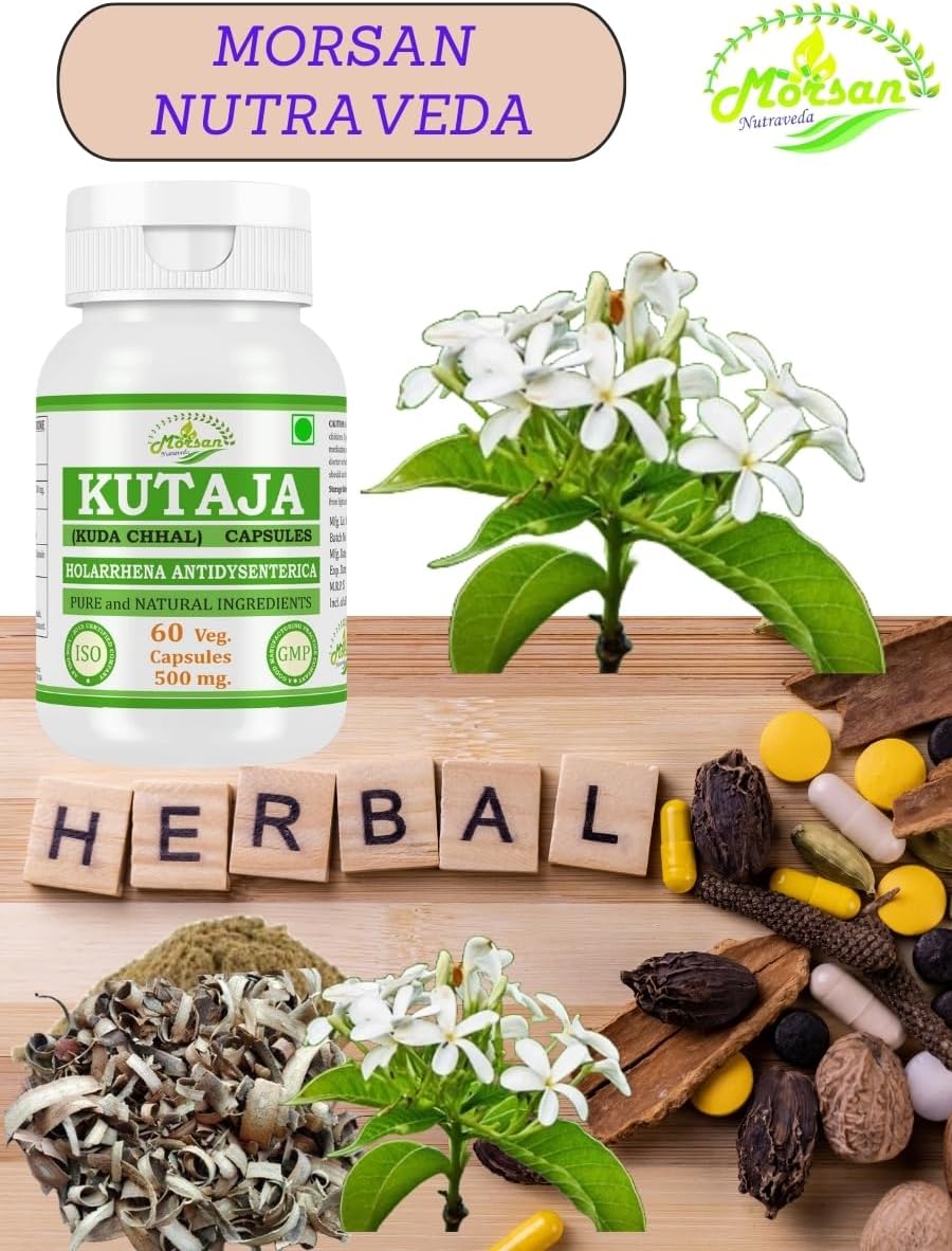 Morsan Nutraveda’s Kutaja (Holarrhena Antidysenterica) Capsule | Highest Potency, 100% Natural Product | Pack of 60 x 500 mg. Veg. Capsules (4)