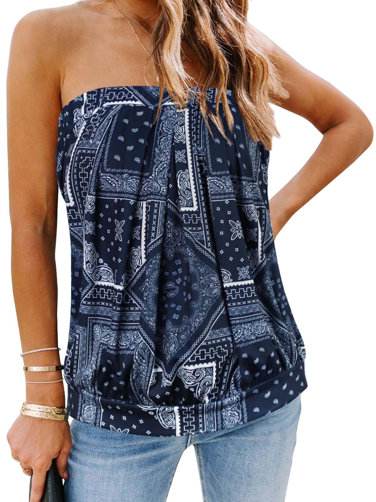 CHICGAL Women's Tube Tops Summer Casual Bandeau Tank Casual Strapless Blouse Off The Shoulder Tunic Shirts