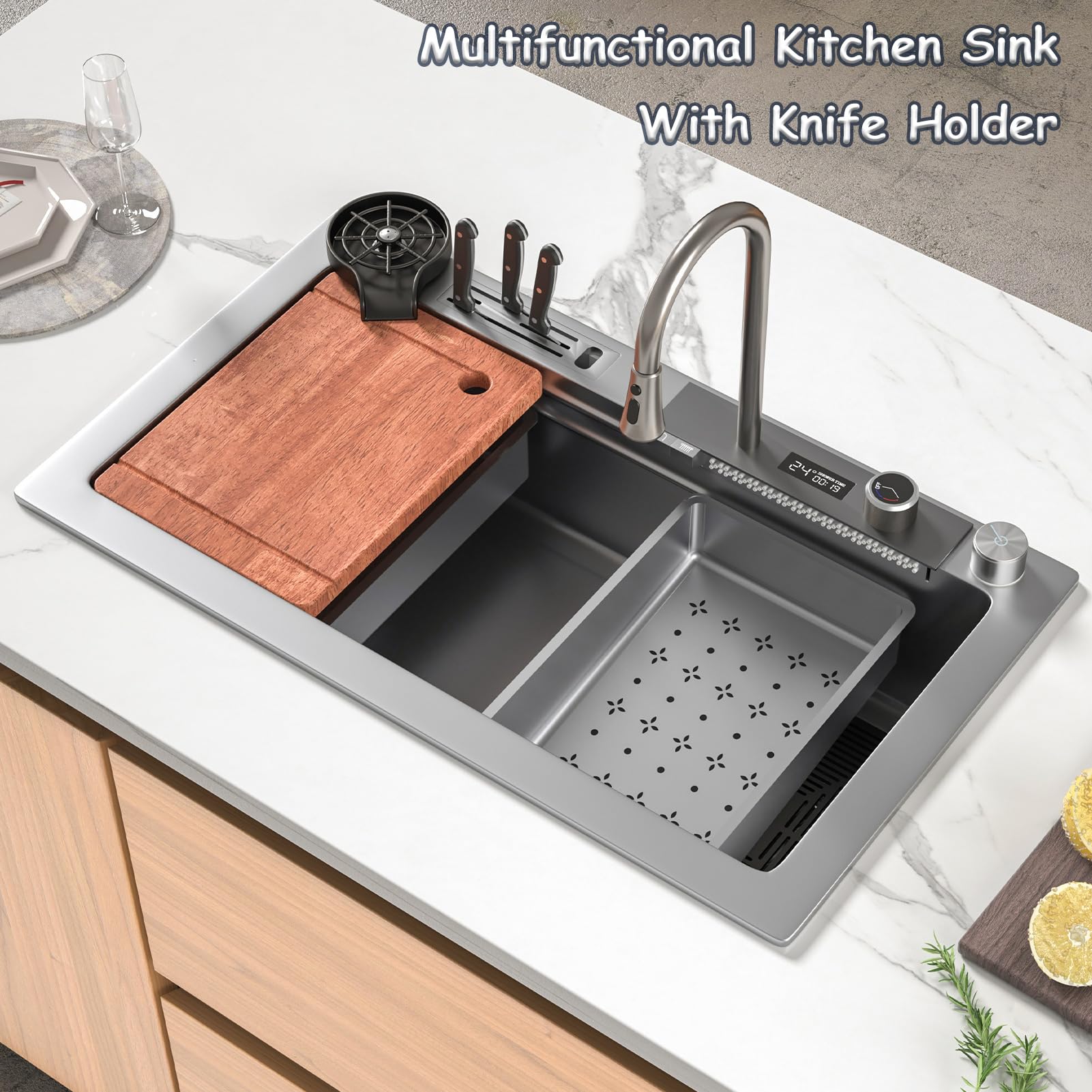 KOOGIMDDR Grigio 1 lavello da cucina con cascata, 75 x 45 cm, rubinetto a cascata a LED, tagliere scorrevole e lavastoviglie ad alta pressione, compatto e multifunzionale