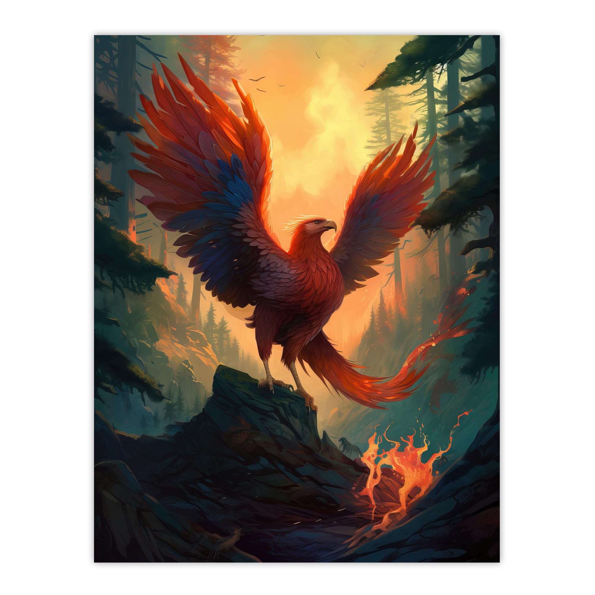 Artery8 Unframed 18X24" Majestic Phoenix Bird Spreading Wings Concept Painting Mythical Creature Rising From Fire Ashes In Enchanted Forest Landscape Large Wall Art Poster Print Thick Paper 18X24 Inch