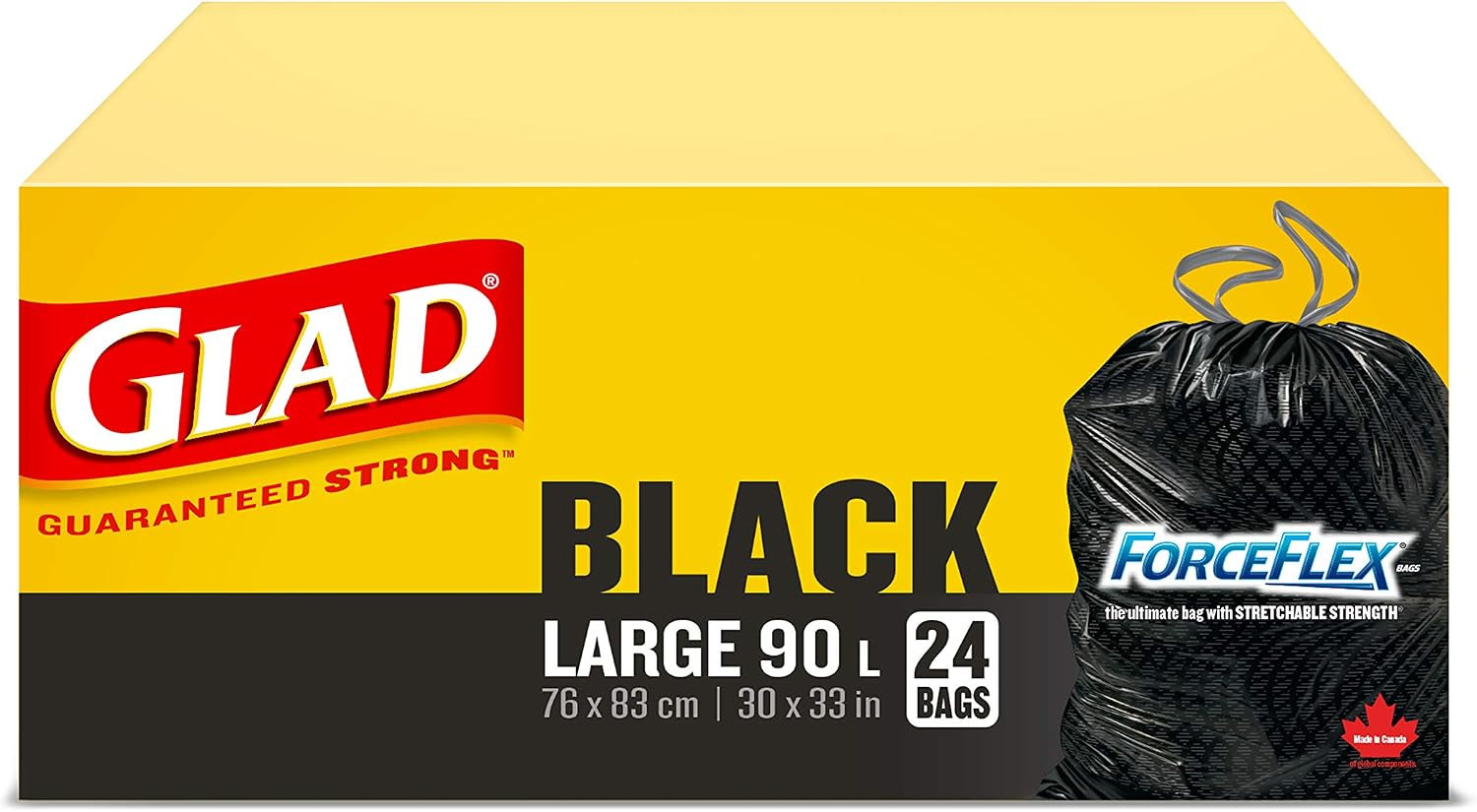 Glad Black Garbage Bags - Large 90 Litres - ForceFlex, Drawstring, 24 Trash Bags, Made in Canada of Global Components