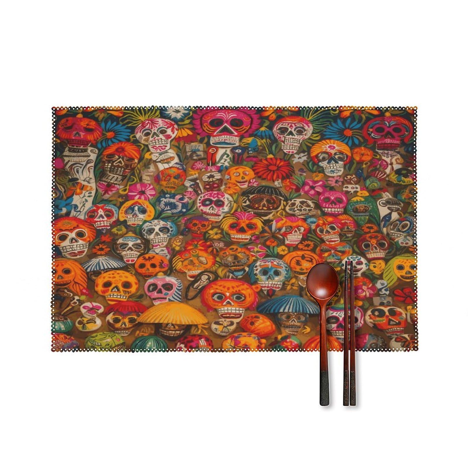 Mexican Folk Art Placemats Set of 4 Heat Resistant Non-Slip Place Mats for Dining Table Washable Placemat Wipeable Dining Table Mat Canvas Place Mats Dining Table Decor