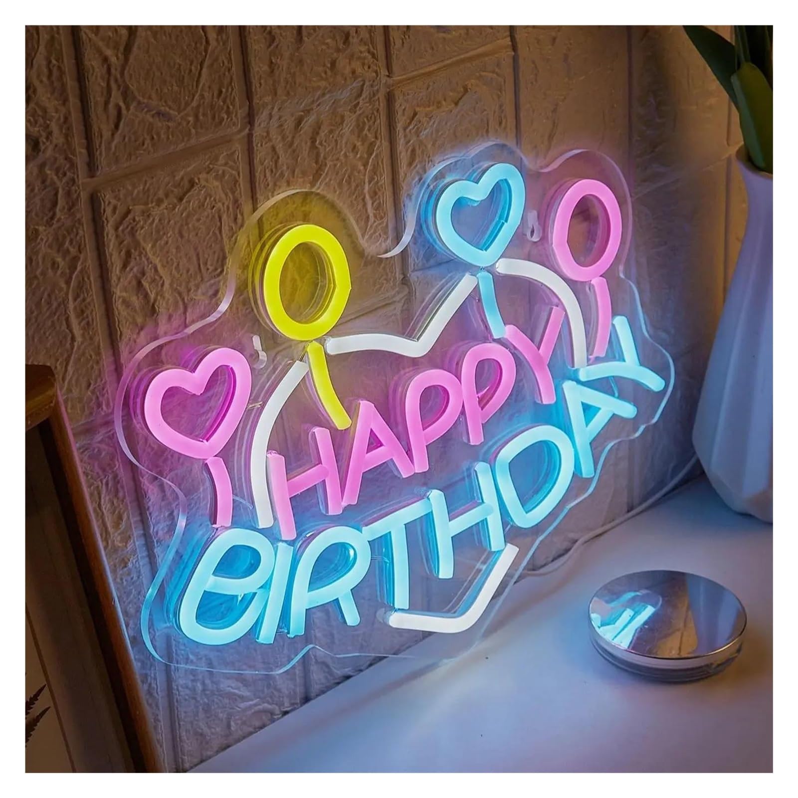 Decoración Lámparas Letreros De Neón Con Forma De Corazón De Feliz Cumpleaños, Luz LED De Noche Alimentada Por USB Para Decoración De Pared De Fiestas, Lámpara De 23cmx33.7cm