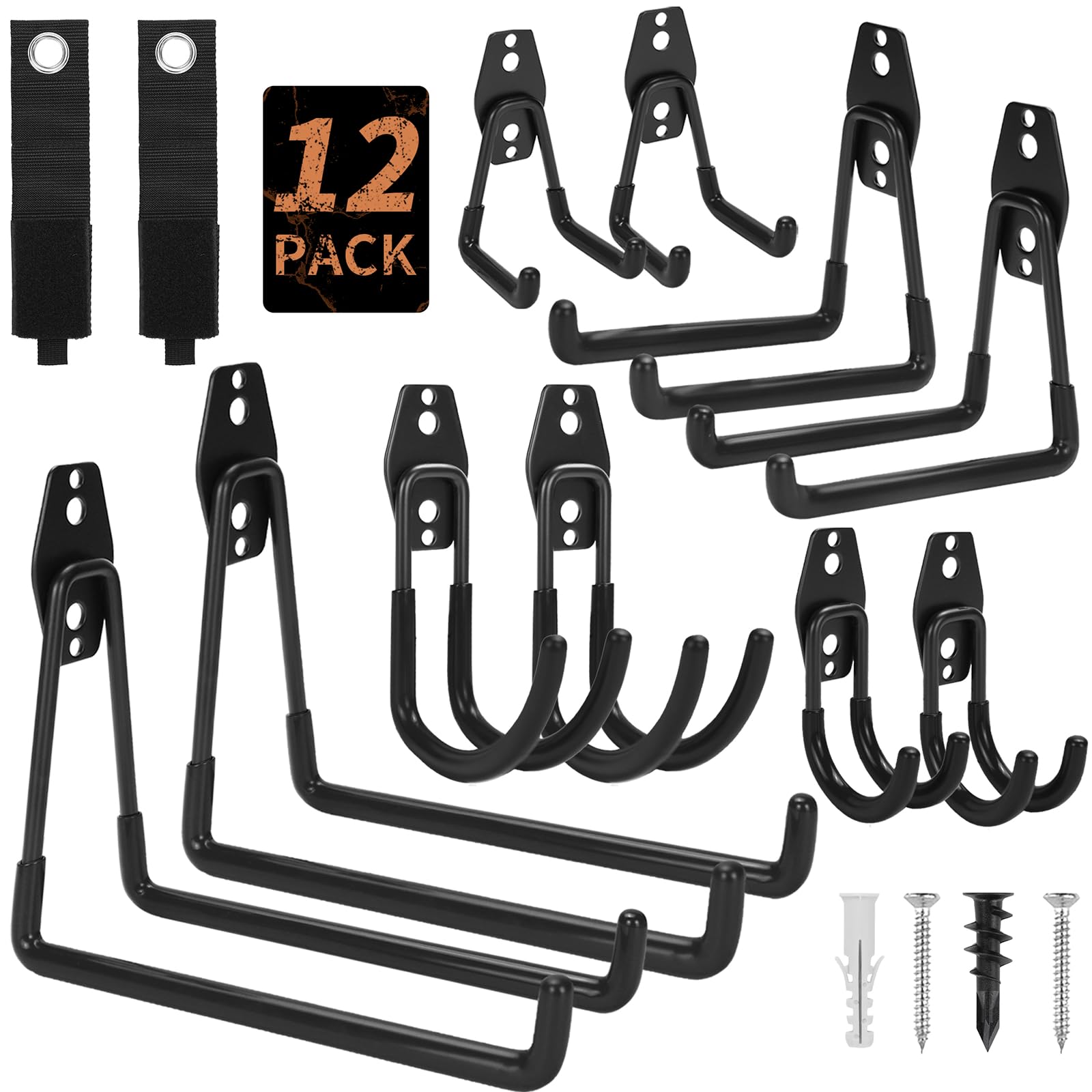 EZ COZY Garage Hooks,12 Pack Garage Hooks Heavy Duty,Garage Organization for Tools,Wall Mount Garage Storage Hooks with 2 Extension Cord Straps,Shed Hooks for Bikes,Ladders,Ropes (Black)