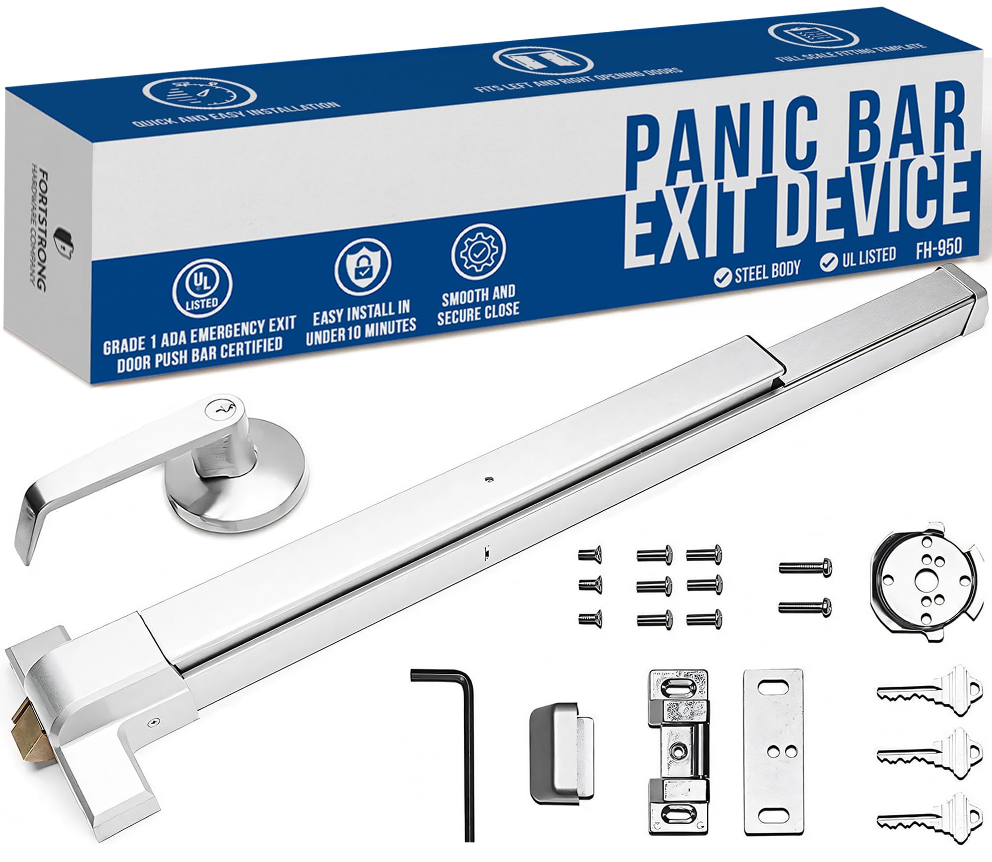 FORTSTRONG 31" Commercial Push Bar Panic Exit Device (Silver) - Panic Bars for Exit Doors with Door Handle - UL Listed Grade 1 ADA Emergency Exit Door Push Bar Certified - FS-950