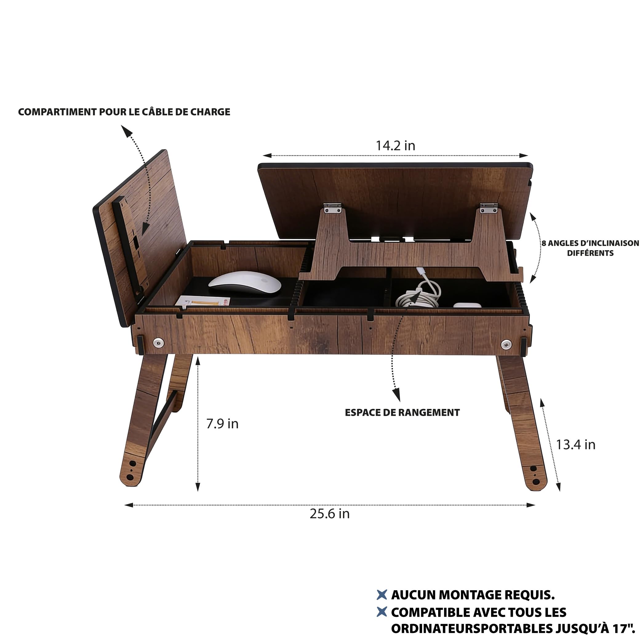 Vigo Wood Support pour Ordinateur Portable avec Inclinaison Réglable, Pieds Pliables et Espace de Rangement, Table de Lecture et Bureau de Travail (Noyer)