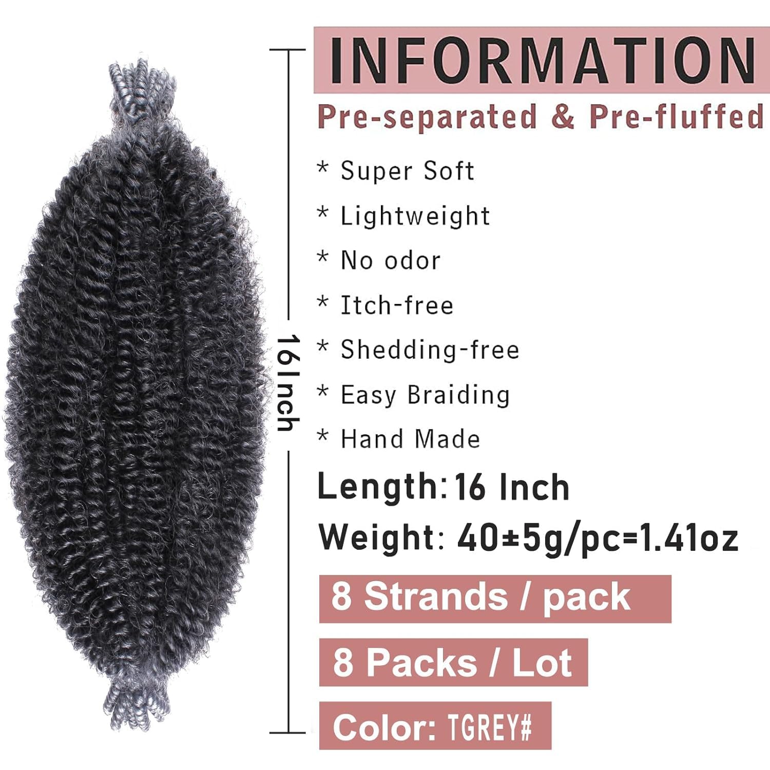 Xtrend 8 Packs Pre Separated Springy Afro Twist Hair 16 Inch Spring Twist Hair for Faux Locs Crochet Hair Pre Fluffed Marley Twist Crochet Braiding Hair Synthetic Extensions (8 Strands/Pack,TGREY) - Image 2