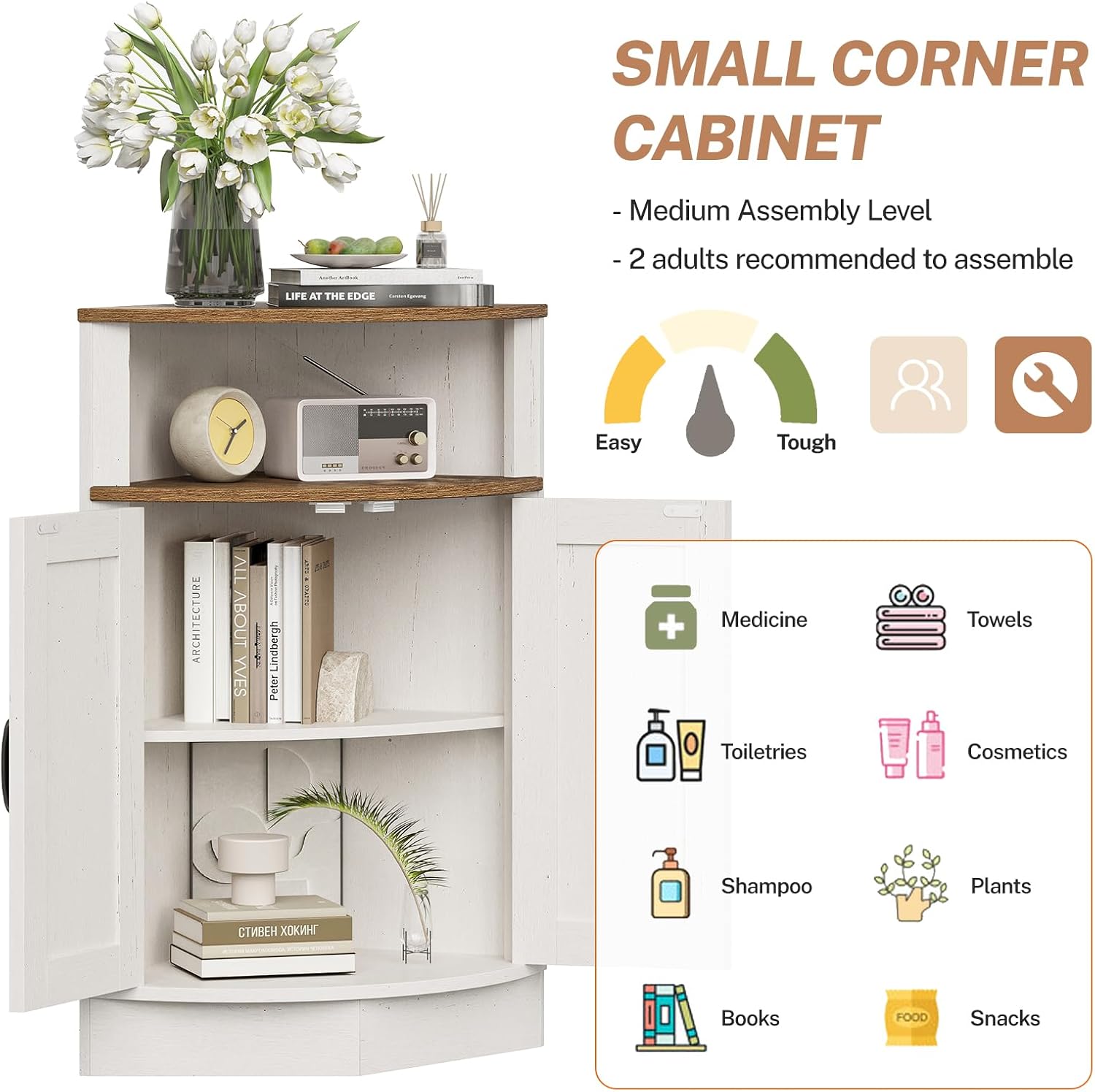 Vabches Corner Storage Cabinet, Farmhouse Small Floor Corner Cabinet with Barn Door and Adjustable Shelf, Narrow Cabinet Organizer for Bathroom,Pantry, Living Room, Kitchen, White