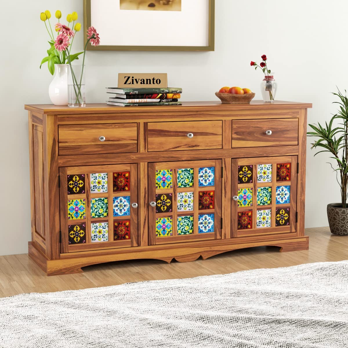 Sheesham Wood Sideboard and Cabinets | Wooden Side Board Tv Cabinet with Multicolor Tiles for Living Room | Free Standing Buffet Cabinet with 3 Drawers & 3 Door Storage | Natural Finish