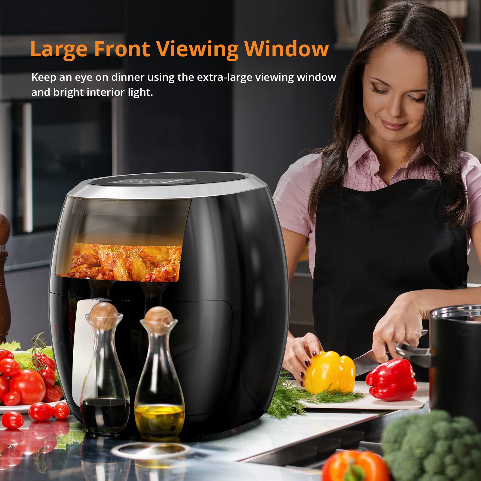 7,7L XXL Heißluftfritteuse mit 8 Programmen Luftfritteuse Airfryer 1800W Beleuchtetes Sichtfenster Digitaldisplay 80% Weniger Fett Einstellbare Temperatur 80-200°C Mit Rezeptbuch Deutsch