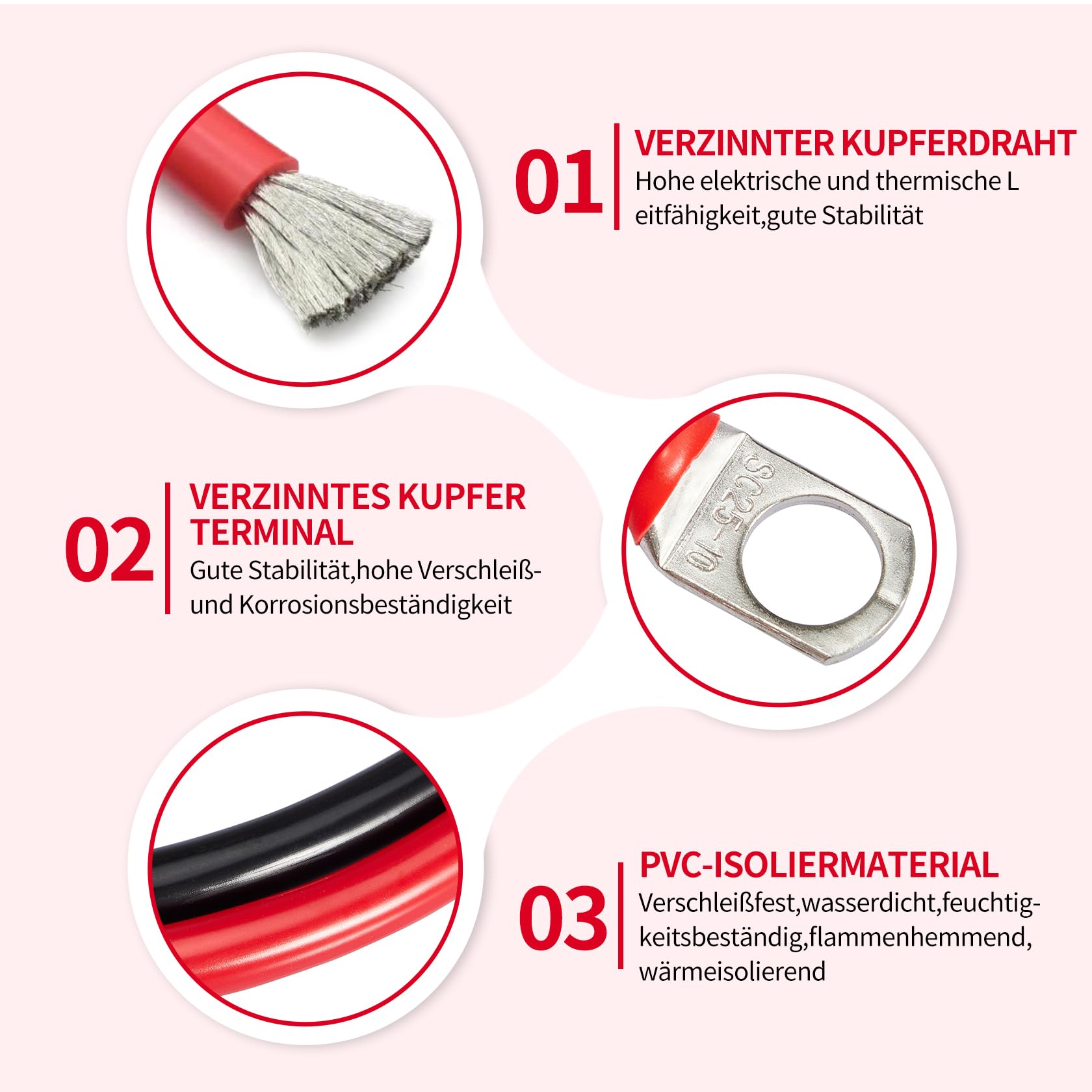 CarBole Batteriekabel 25mm² 50cm,125A,3AWG,Batteriekabelsatz mit Ringklemmen,Verzinntes Kupfer Terminal,Kupferkabel Kupfer Stromkabel,Autobatteriekabel für Wohnmobil, Massekabel,2 Stück