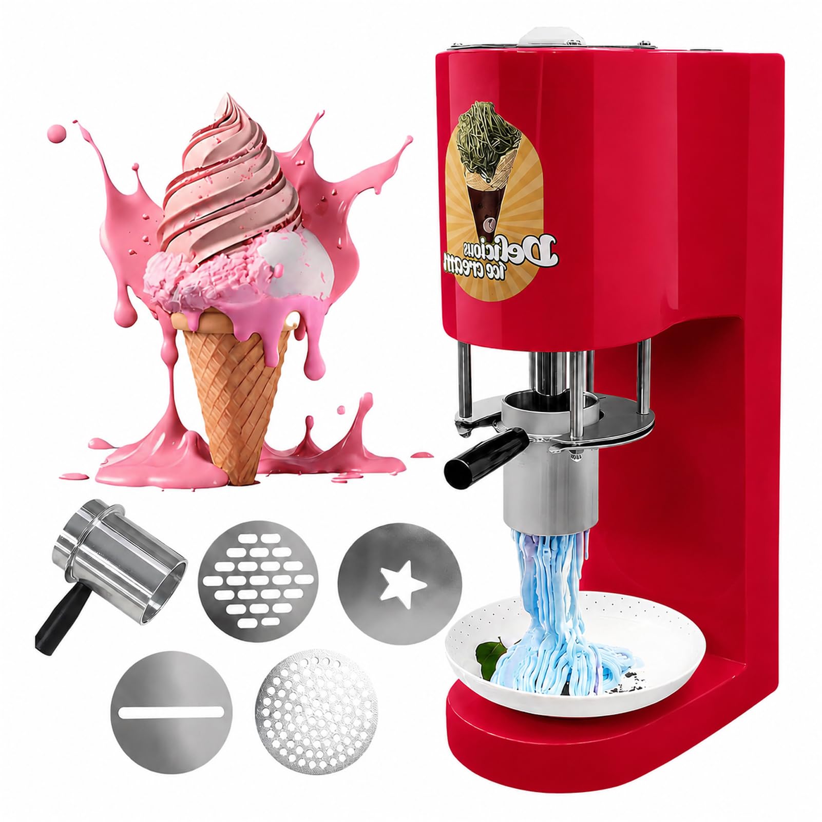 LYJIANGXIN Commercial Soft Serve Spaghetti Ice Cream Machine, 80W Electric Ice Cream Noodle Maker with 4 Molds, High Efficiency Dessert Extruder for Restaurants