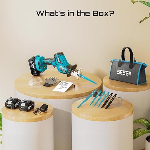 Miniatura 8 de SEESII Sierra de vaivén inalámbrica, motor sin escobillas de velocidad variable de 3500 RPM con 8 hojas de sierra, 2 baterías de 4.0Ah, luz LED