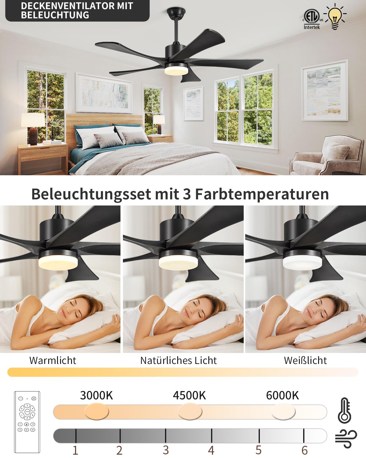 132cm Deckenventilator Mit Beleuchtung Und Fernbedienung 5 Flügel Schwarz | 6 Stufen Leiser 3 Verlängerungsstangen Timer 3 Farbtemperaturen Dc-Motor Deckenventilator Mit Licht Outdoor