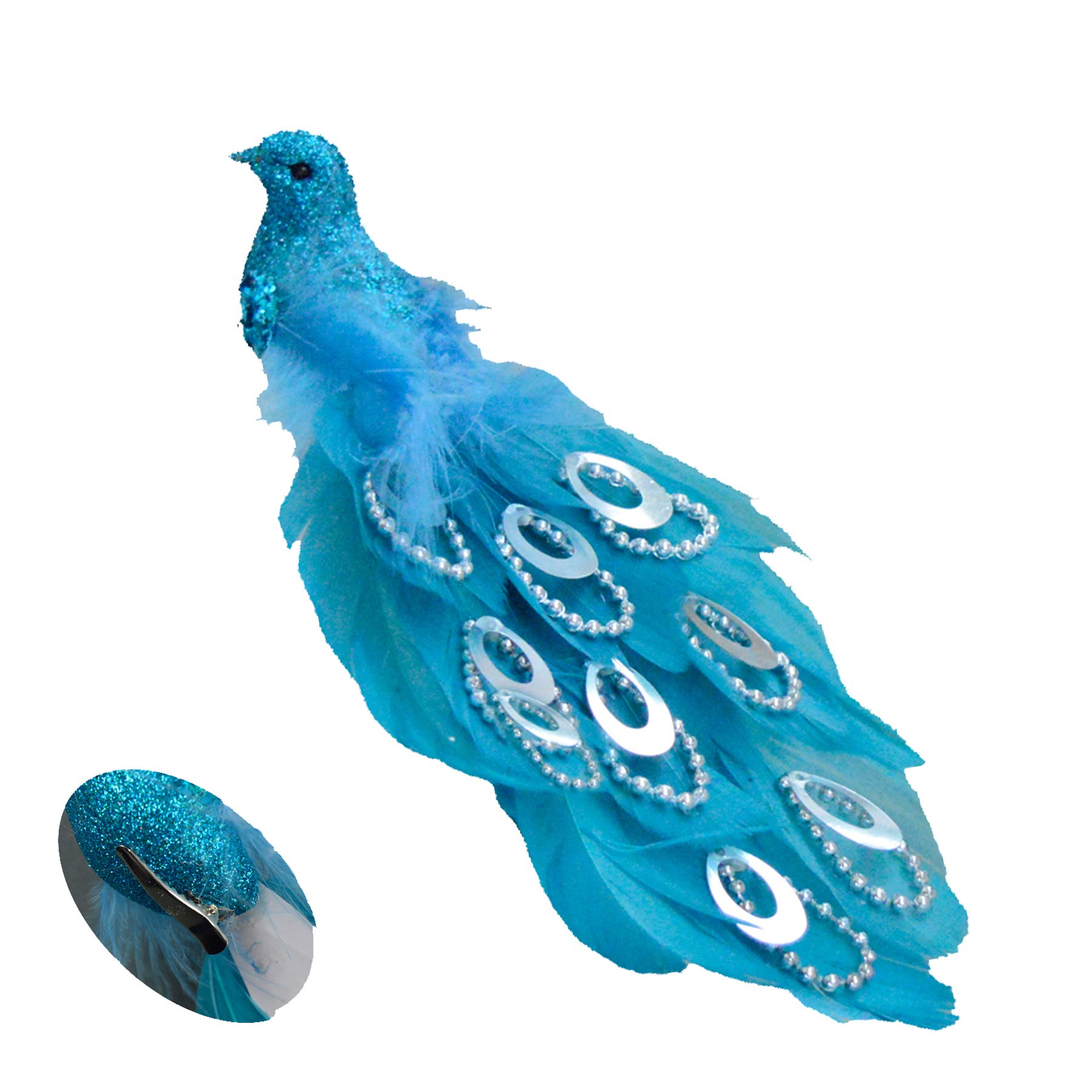 Davies Blue 21Cm Long Beaded Tail Peacock Clip On Bird Christmas Tree Decoration