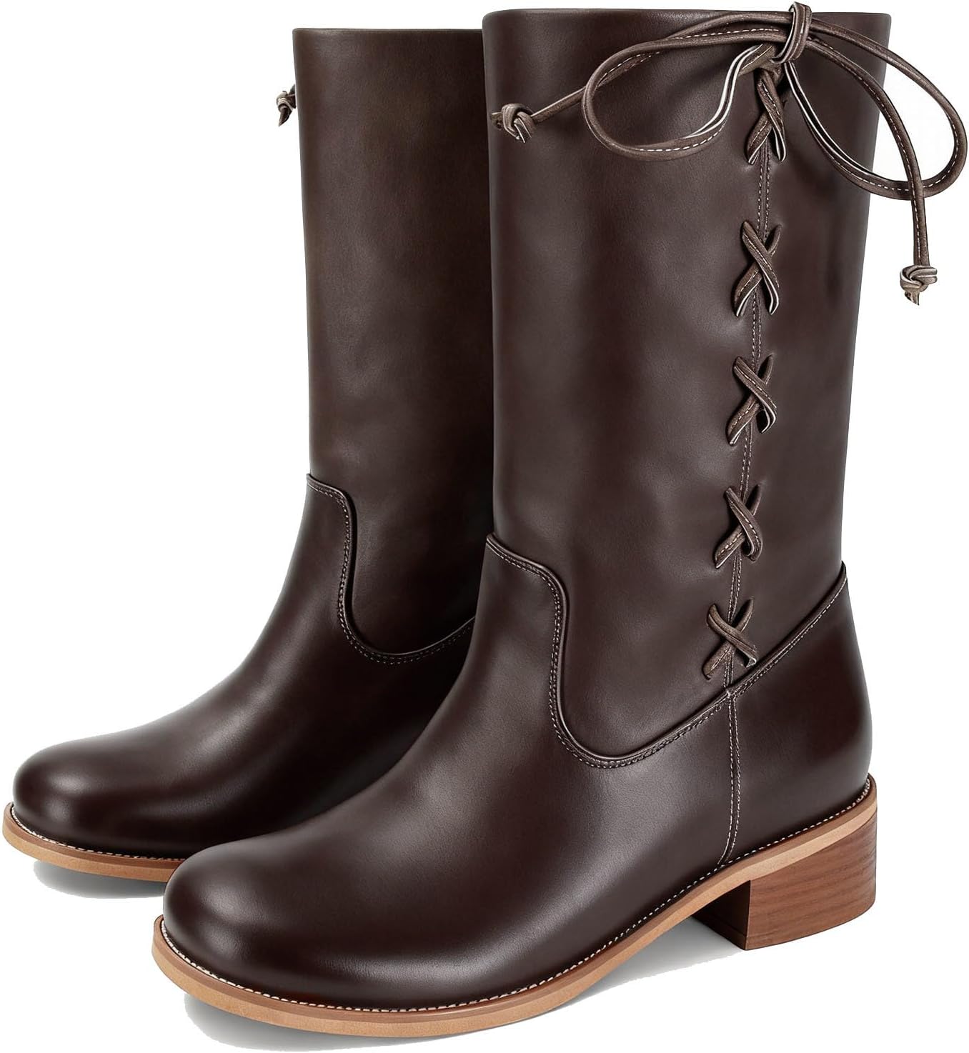 Mid Calf Boots for Women Wide Lace up Chunky Low Heel Booties Comfortable Round Toe Retro Cute Fall Winter Boot