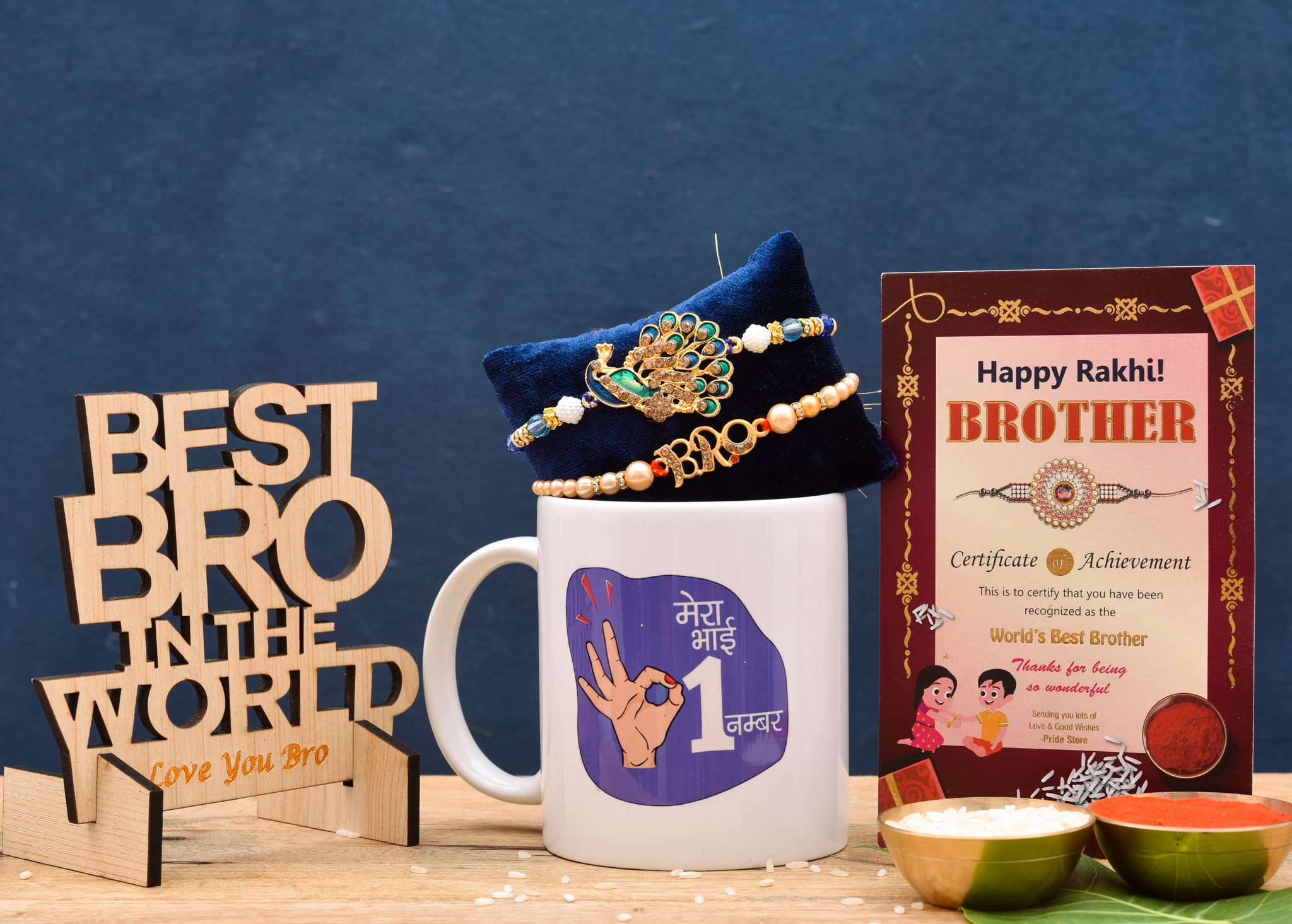 Pride Store Rakhi for Brother Pack of 2 Rakhi with Printed Mug 330mll & Wooden Showpiecs Best Bro in The World, Greeting Card (Roli Chawal Pack)(Rakhi for Brother Gift Set - D) (B0B677JPYG) Amazon Price History, Amazon Price Tracker