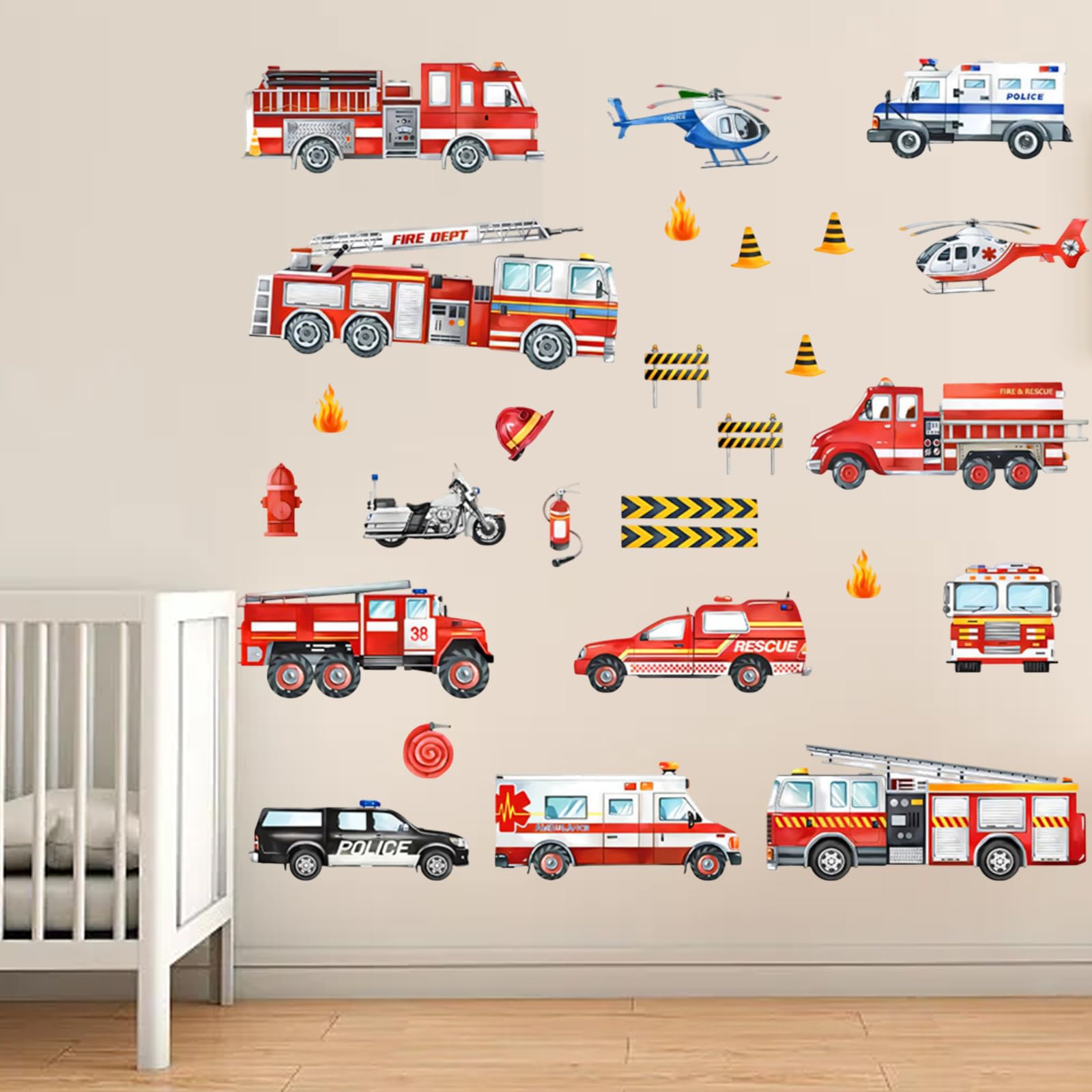 Wandtattoo Feuerwehrauto Wandaufkleber Fahrzeuge Set, Junge Babyzimmer Wanddeko, Cartoon Fahrzeuge Wandaufkleber, Schlafzimmer Spielzimmer Wand Deko, Wandsticker Kinderzimmer Jungen Selbstklebend