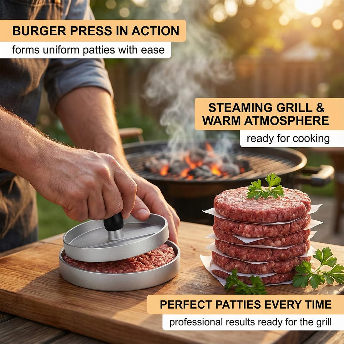 Presse Burger en Fonte d'aluminium, Presse Steak Haché, Moule à Hamburger pour Hamburgers, Galettes, BBQ